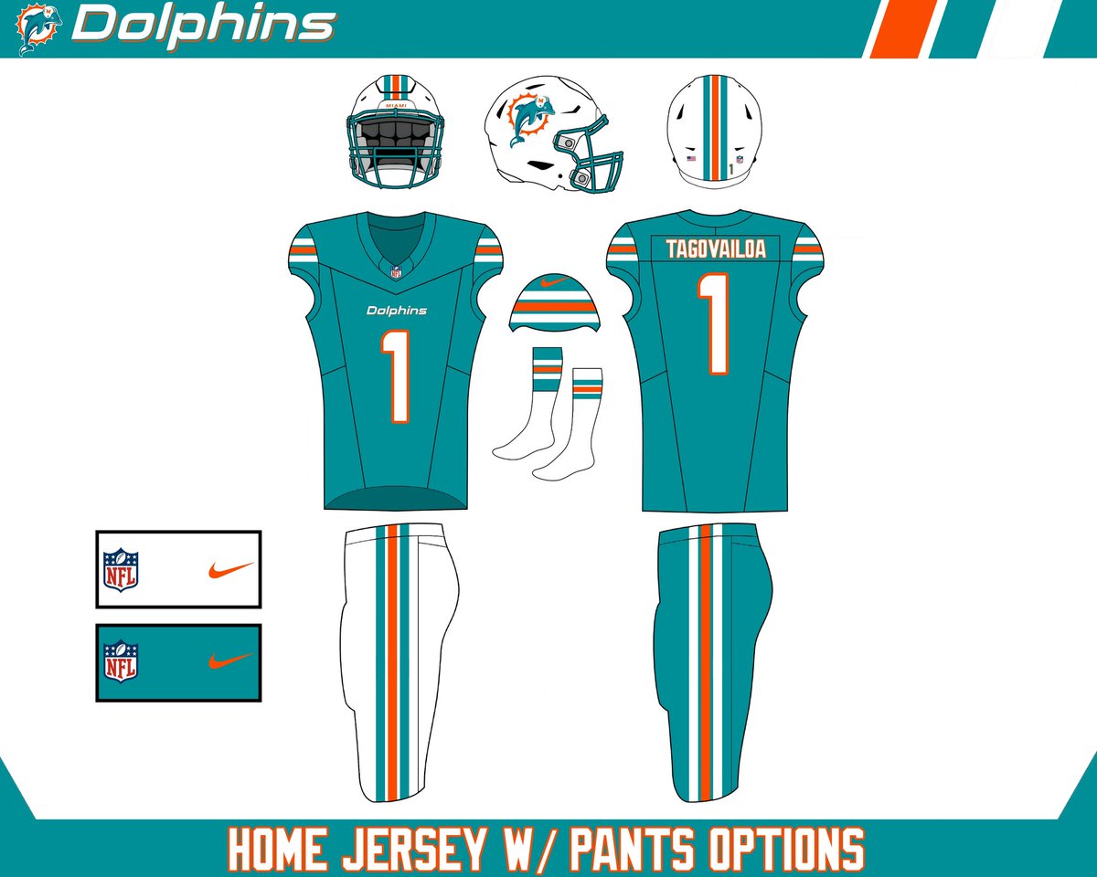 hkmett51's tweet photo. The Dolphins aren't exactly in need of new uniforms, but I think a refresh would be nice. I went back to their 2000s era logo and took inspiration from their Throwback Uniforms and 2000s Uniforms to make this new set! https://t.co/9Sg4cmCbkm