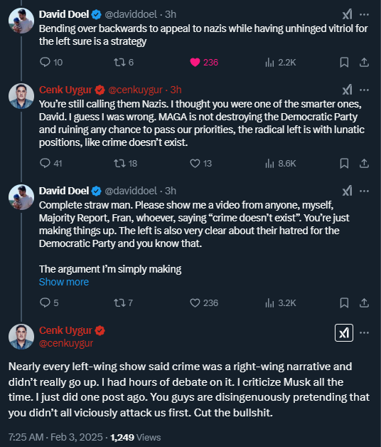 "Radical left is with lunatic positions like crime doesn't exist" 

*Asked to provide any evidence a single leftist saying crime doesn't exist*

"Every leftist said crime is a right wing narrative and going down" 

It's like arguing with a drunk uncle who wants nazis to move in