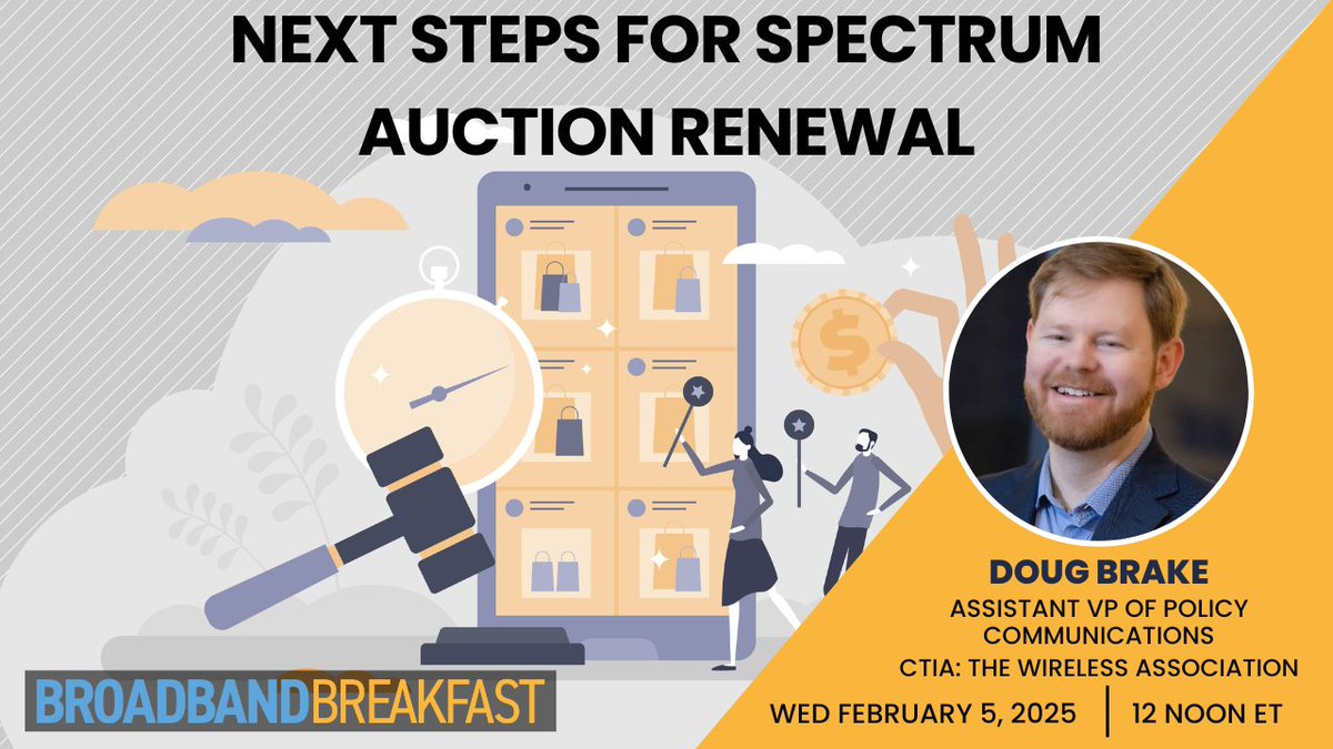 BroadbandCensus's tweet photo. Excited to welcome @CTIA's Assistant VP of Policy Communications @dmbrake to our February 5 #BroadbandLive session on Spectrum Auction Renewal. With over a decade of experience in broadband and spectrum policy, Doug provides a unique perspective on the issue of Spectrum Auction Renewal.
Register here: https://t.co/eeYlsAq87l
#BroadbandLive #CTIA #dmbrake #SpectrumAuctionRenewal