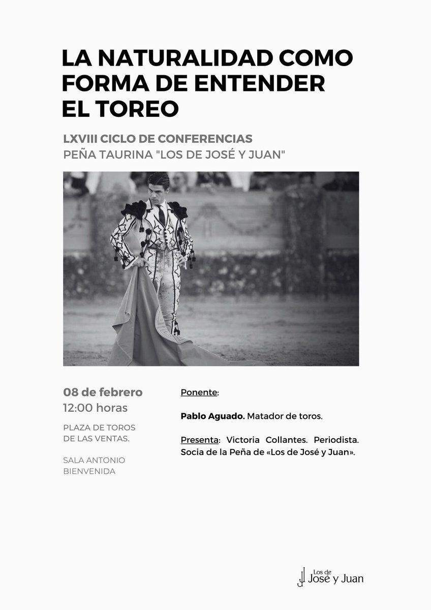 Los de José y Juan (@losdejoseyjuan) on Twitter photo 🟢La naturalidad como forma de entender el toreo.
🗓️Sábado 08 de febrero a las 12:00h.
📍Plaza de toros de Las Ventas.
☑️Entrada gratuita hasta completar aforo.
#Tauromaquia
<a href="/LasVentas/">Plaza de Las Ventas</a>
#Toros #Tauromaquia
<a href="/LasVentas/">Plaza de Las Ventas</a> 🟢La naturalidad como forma de entender el toreo.
🗓️Sábado 08 de febrero a las 12:00h.
📍Plaza de toros de Las Ventas.
☑️Entrada gratuita hasta completar aforo.
#Tauromaquia
<a href="/LasVentas/">Plaza de Las Ventas</a>
#Toros #Tauromaquia
<a href="/LasVentas/">Plaza de Las Ventas</a>