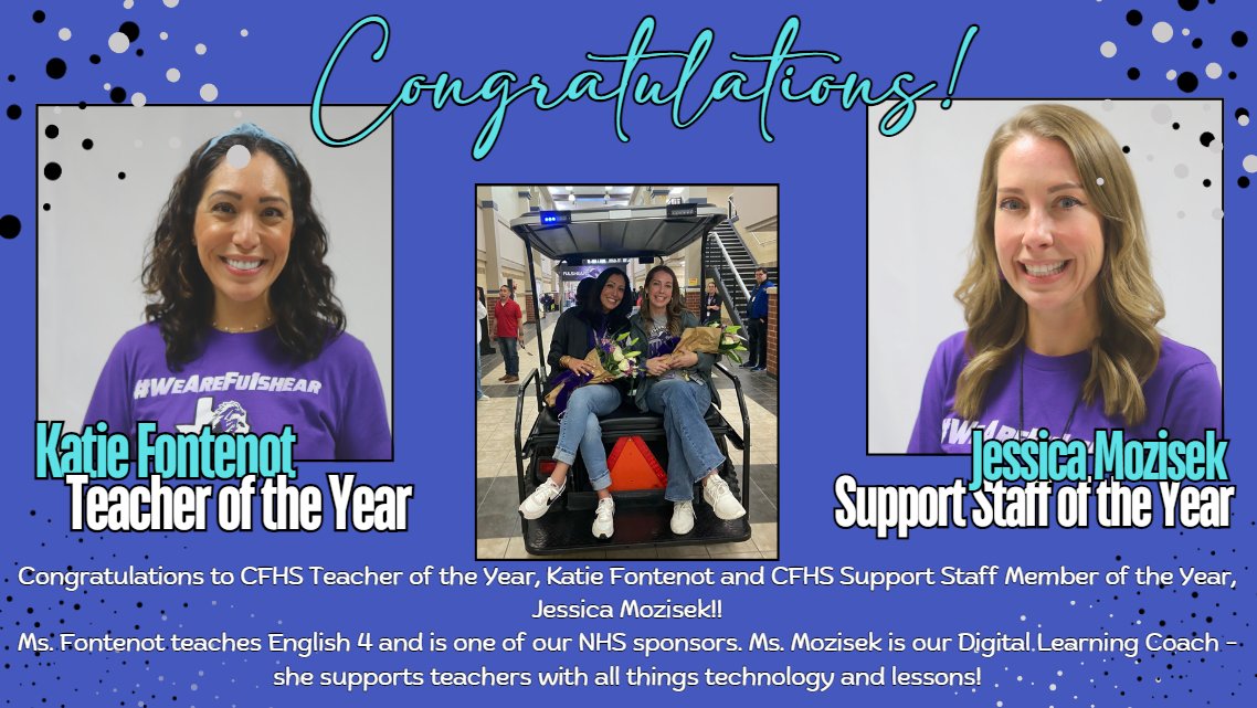 Fulshear_HS's tweet photo. Congratulations to our Teacher of the Year, Katie Fontenot and our Support Staff of the Year, Jessica Mozisek! #WeareFu1shear #fulshearproud https://t.co/2Tc9MZEPrw