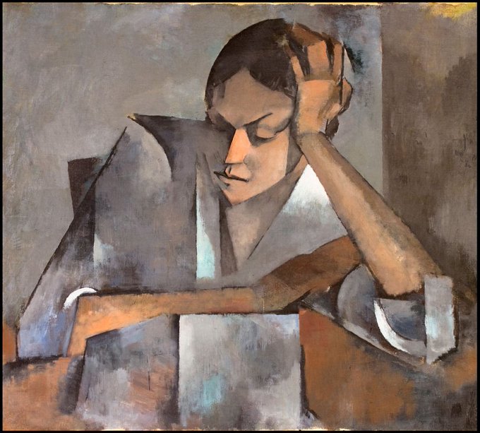 womensart1's tweet image. Woman leaning on table, 1915 by Spanish/Georgian artist Olga Sacharoff #WomensArt