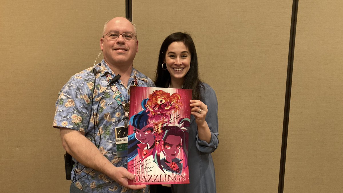 Got a #Dazzlings #mlpfim poster signed by the Adagio’s VA, <a href="/kazooms27/">Kazumi Evans</a>, with a quote from “Sunset’s Backstage Pass” unironically on Groundhog Day <a href="/HarmonyPonyCon/">HarmonyCon Dallas</a> .
