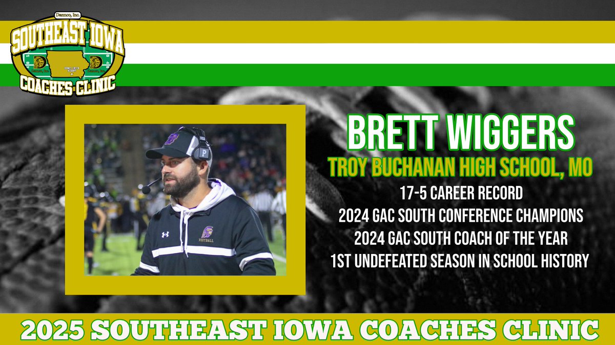 🚨🚨 2025 CLINIC SPEAKER 🚨🚨

Speaker: Brett Wiggers
School: Troy Buchanan High School (MO)
Topic: “Troy Buchanan 3 High Safety Defense: Why &amp; How”

Register online at: seiowafootballclinic.com