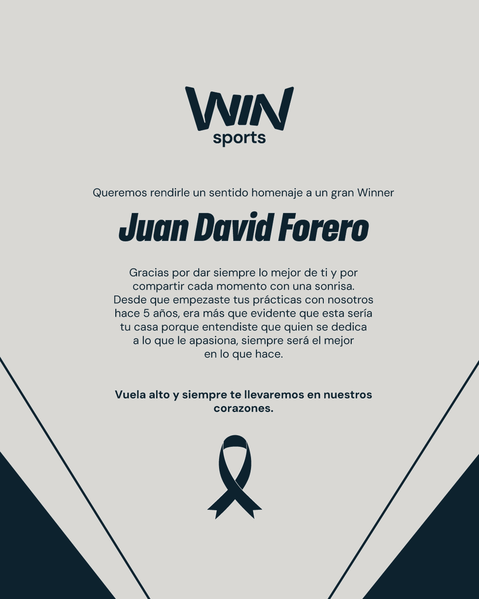 WinSportsTV's tweet photo. Con profundo dolor, informamos el fallecimiento de nuestro querido compañero Juan David Forero, en Win Sports. 

Hoy, más que nunca, queremos rendir homenaje a su memoria y enviar nuestras más sinceras condolencias a su familia y seres queridos. Nos unimos en el dolor y compartimos el vacío que deja su partida. 

Juan David, siempre estarás presente en nuestros corazones. 🧡