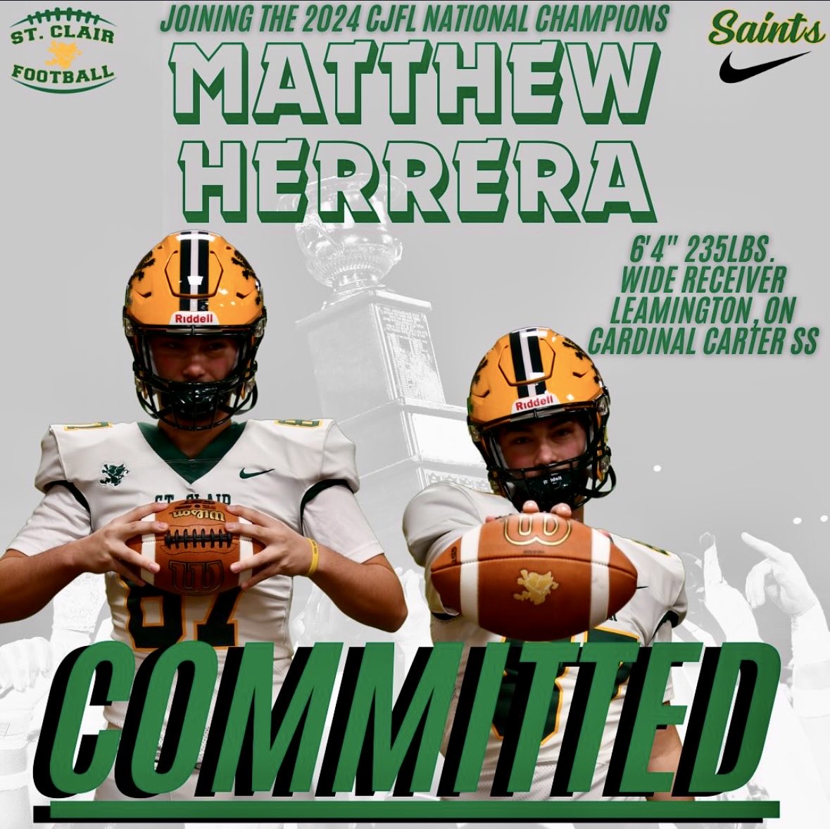 MChance519's tweet image. I love adding weapons to the highest scoring offence in the country!   This big bodied versatile WR/SB/TE/H will add yet another dimension to our attack.   Saints Nation is excited to bring Matthew to the squad.  Welcome to St Clair College, the home of Champions.