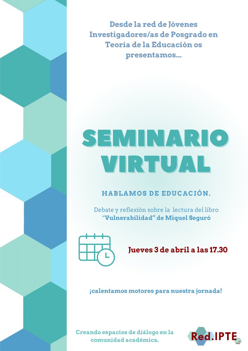 📢 ¡Atención jóvenes investigadores en #TeoriaEducación! 🎓💡

Desde #RedIPTE25 os invitamos a nuestro primer Seminario Virtual 📖
📅 Jueves 3 de abril
⏰ 17:30 h (España)
¡No te lo pierdas! 🔥
🔗 Regístrate aquí

 forms.gle/gnW3e54hu5G88w…