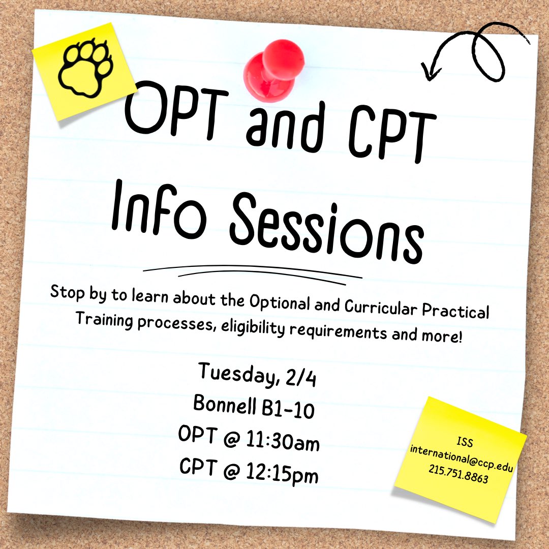 CCPIntl's tweet image. Interested in learning more about CPT and OPT? Stop by one of the workshops ISS is hosting!

🗓️ Date: Tuesday, February 4th
🕙 Time: 11:30am &amp;amp; 12:15pm
📍 Place: Bonnell, B1-10