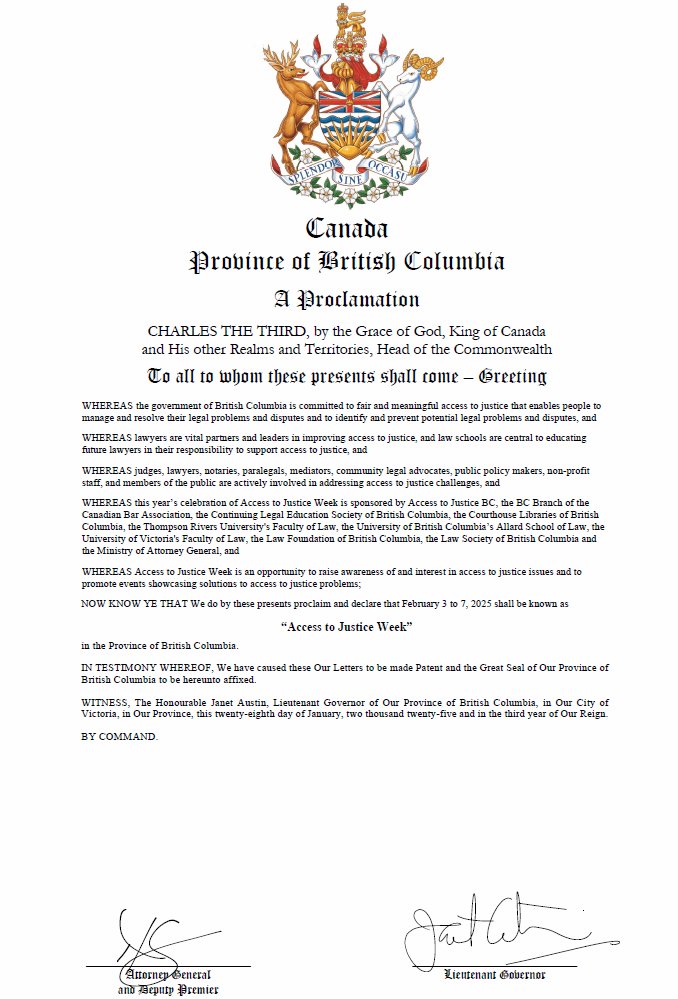 A2JBC's tweet image. Hear ye, hear ye! On the third day of February, two thousand twenty-five, the Province of British Columbia proclaimed the week to be #A2JWeekBC!   #proclamation #bcpoli #accesstojustice