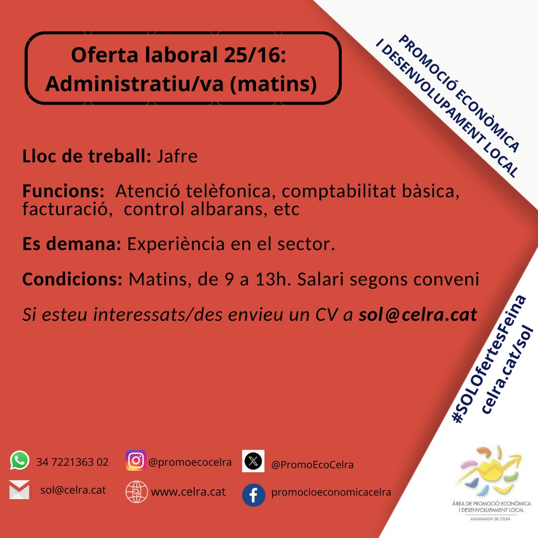 Ofertes de feina gestionades pel Servei d'Ocupació Local de l'Ajuntament de Celrà #SolCelrà #febrer