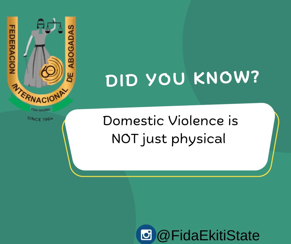 fidaekitistate's tweet photo. Did You Know?

Domestic Violence is NOT just physical!

The Ekiti State Gender-Based Violence (Prohibition) Law, 2019 defines domestic violence to include:

Physical abuse
Emotional abuse
Economic abuse
Sexual abuse https://t.co/oWXVd9HN7X