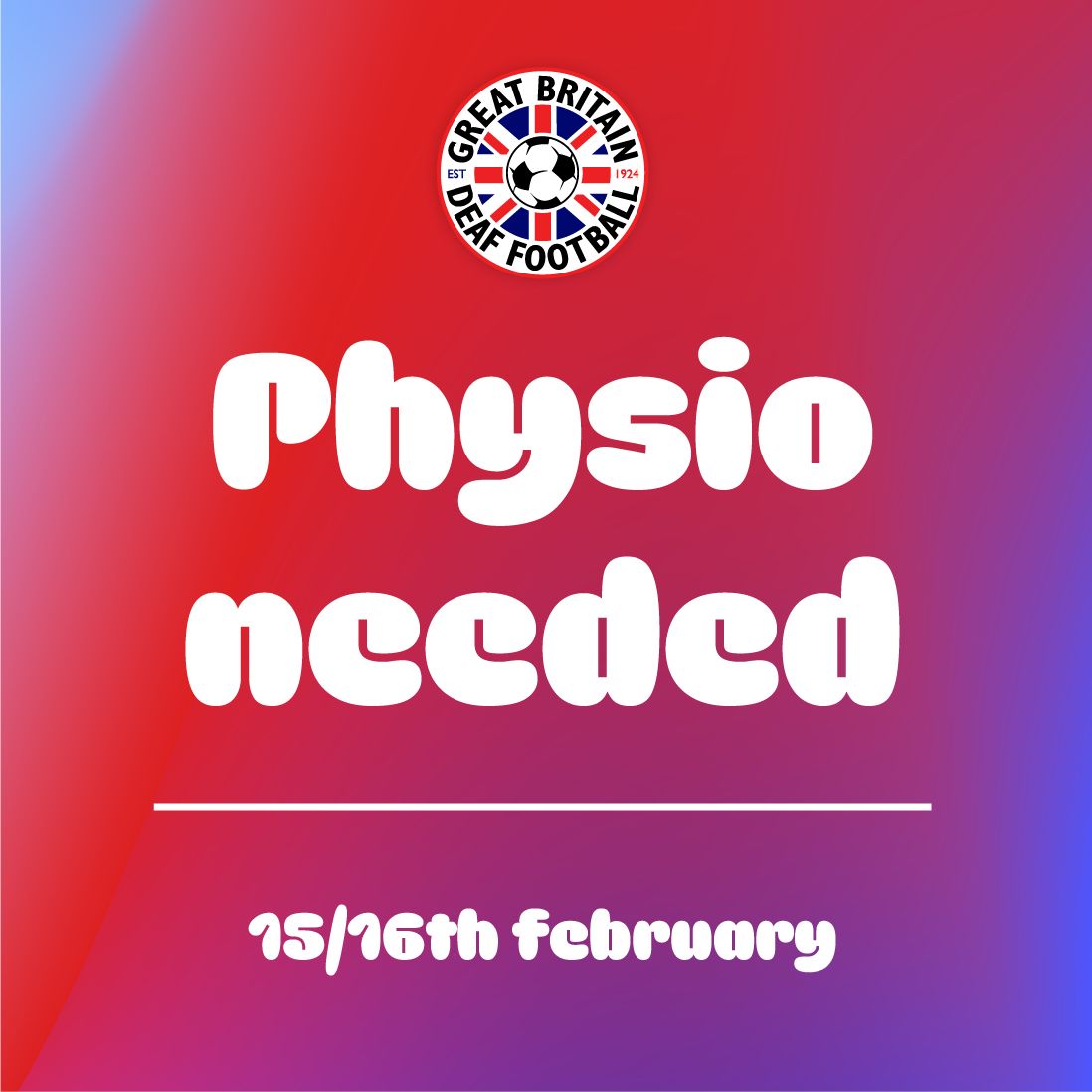 🚨 Physio Needed – GB Deaf Women’s Squad 🚨

Urgent! We need a physio for our 15-16 Feb camp in Doncaster.

✅ Accom &amp; food provided
✅ Future opportunities
✅ Must have RFU L2 or FA L4 ITMMIF

Email gbdfad@gmail.com if interested!

#Football #Physio #GBDeafWomen #SportsPhysio