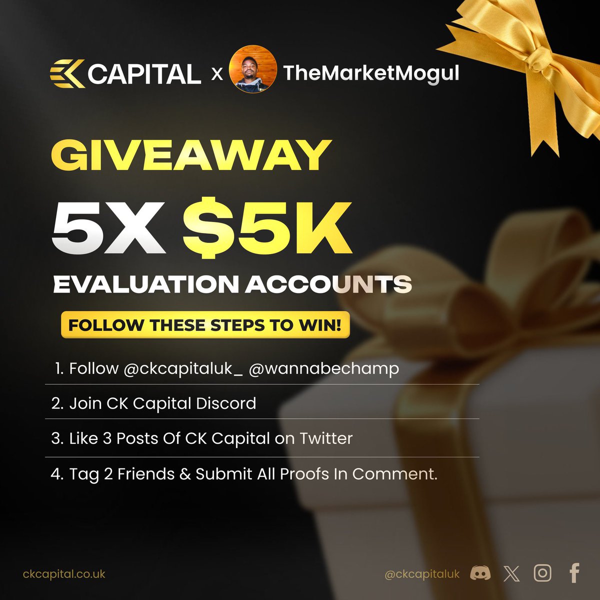 TheMarketMogul (@the_marketmogul) on Twitter photo 🎁GIVEAWAY TIME🎁
5x 5K Evaluation Accounts 🎁
Follow:
<a href="/ckcapitaluk_/">CK Capital</a>
<a href="/the_marketmogul/">TheMarketMogul</a>
<a href="/wannabechamp/">Dan Cheung</a>
Like & Repost
Like 3 posts of Ck Capital on X
Tag 2 friends & submit all proofs in comment
Join discord: discord.gg/ck-capital-121…
Winners after 5 days 🎁GIVEAWAY TIME🎁
5x 5K Evaluation Accounts 🎁
Follow:
<a href="/ckcapitaluk_/">CK Capital</a>
<a href="/the_marketmogul/">TheMarketMogul</a>
<a href="/wannabechamp/">Dan Cheung</a>
Like & Repost
Like 3 posts of Ck Capital on X
Tag 2 friends & submit all proofs in comment
Join discord: discord.gg/ck-capital-121…
Winners after 5 days