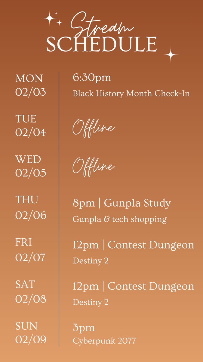 MerlynLuve's tweet photo. Stream schedule for the week! Happy Black History Month! 🤎  

https://t.co/kiDwV1Txda https://t.co/nDrcavbAva