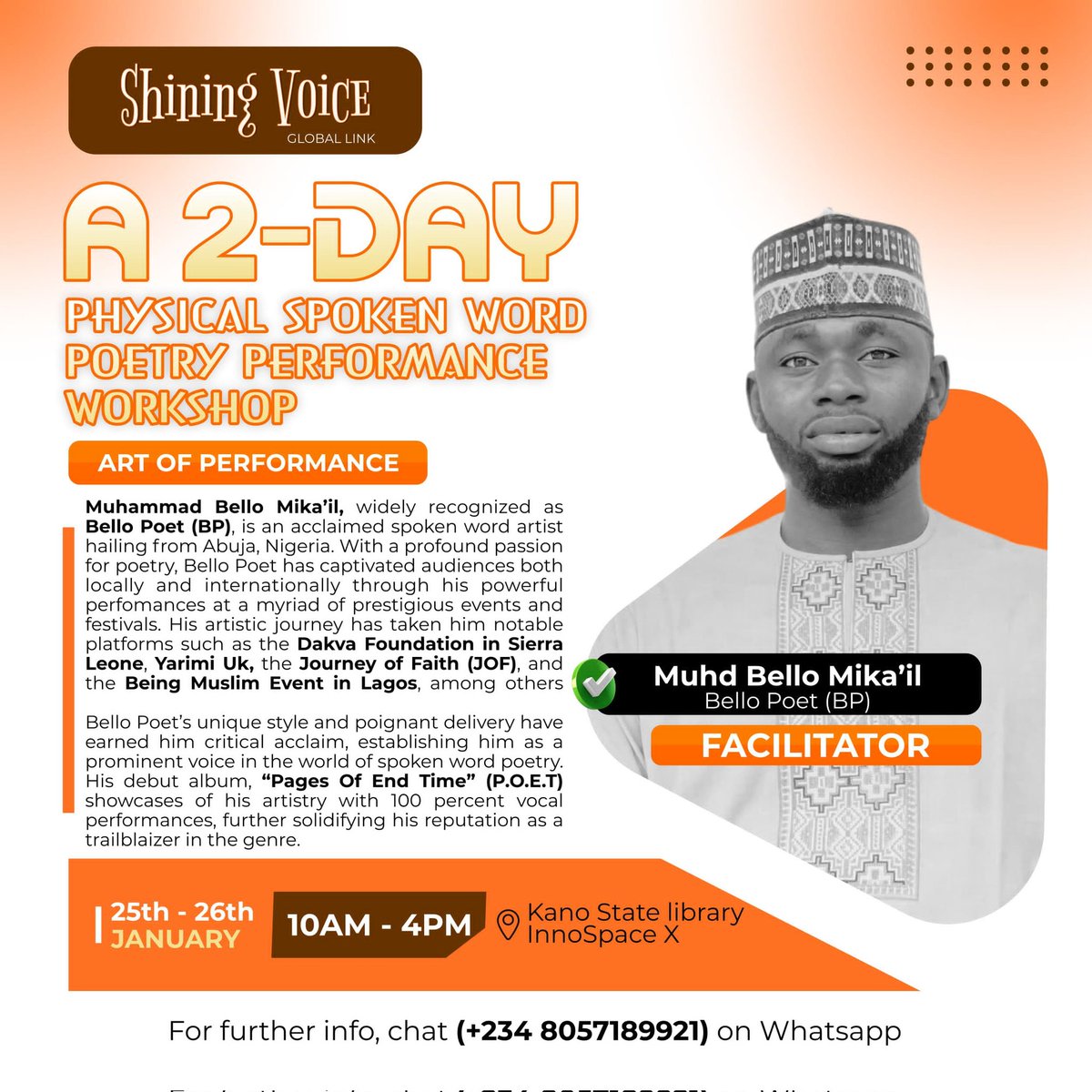 aisha_indabawa's tweet photo. "✨ Meet Your Facilitators✨ We’re beyond excited to have [bello poet, mr inkredible, ab wordsmith, majeed bn saleeh and Aisha indabawa], a renowned spoken word artist leading our workshop, *The Art of Performance.* With years of experience captivating audiences. https://t.co/Dbxd7LIbDt