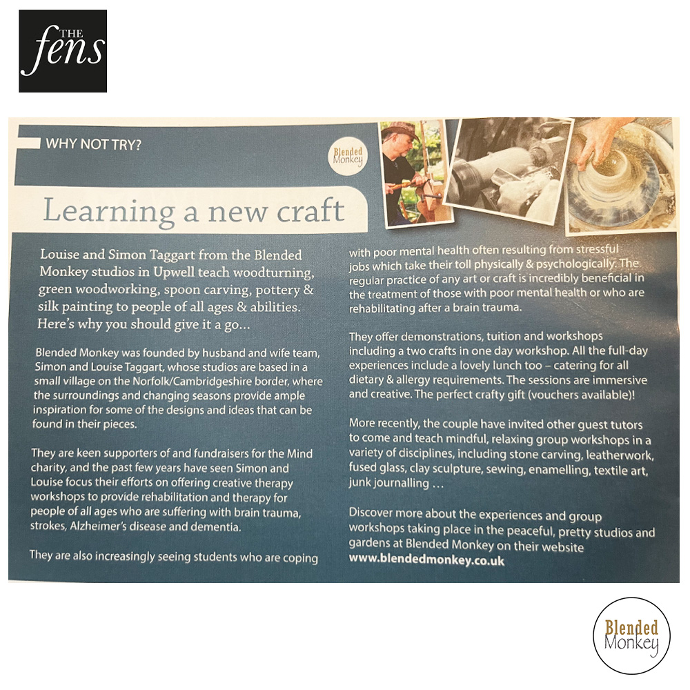 blended_monkey's tweet image. We'd like to thank The Fens magazine for their fab article about learning a craft with us here in the Blended Monkey Studios!

More info about our art &amp;amp; craft experiences: l8r.it/hsbI

#learnwoodturning #learnpottery #thefensmagazine #fenlandcrafts 
@thefensmag