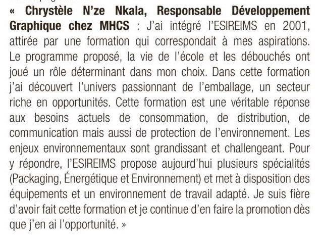 ESIReims's tweet image. Interview de Mme Chrystèle N'ze Nkala, ancienne diplômée ESIREIMS, ingénieure packaging, responsable développement graphique chez MHCS,  nous sommes toujours très fiers du devenir de nos anciens étudiants  diplômés ESIREIMS @universitereims  @Clement_URCA