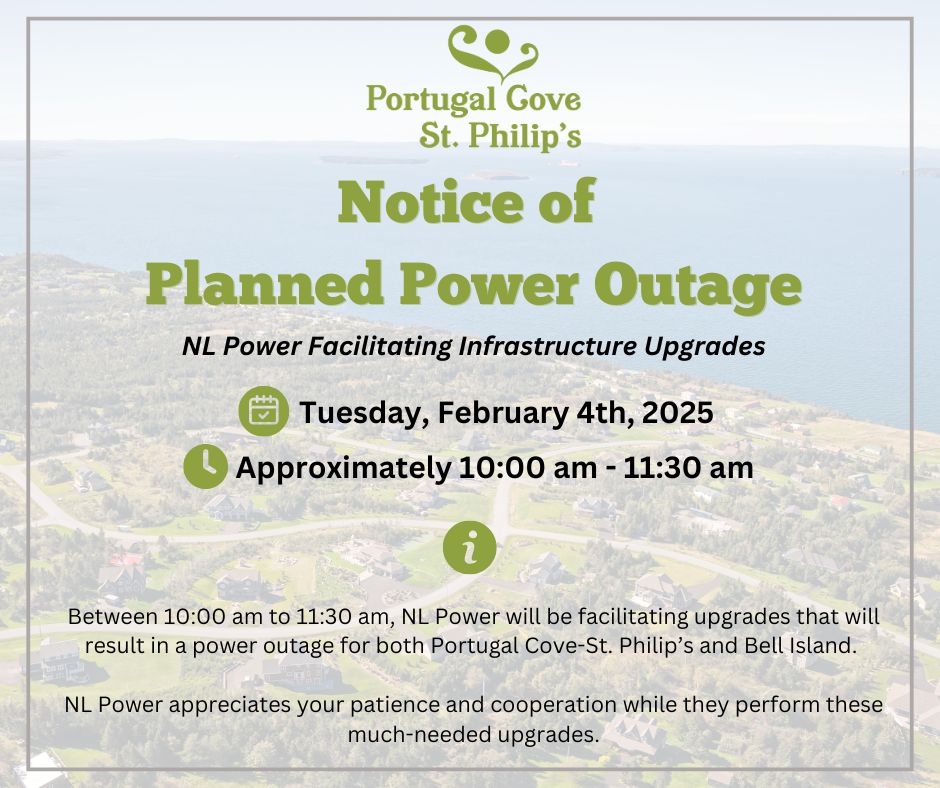 ⚡ Planned Power Outage ⚡

NL Power has scheduled an outage tomorrow, Feb 4, 2025, from 10–11:30 AM for upgrades. This will affect all of PCSP &amp; Bell Island.

Thank you for your patience! Visit NL Power’s website for updates.