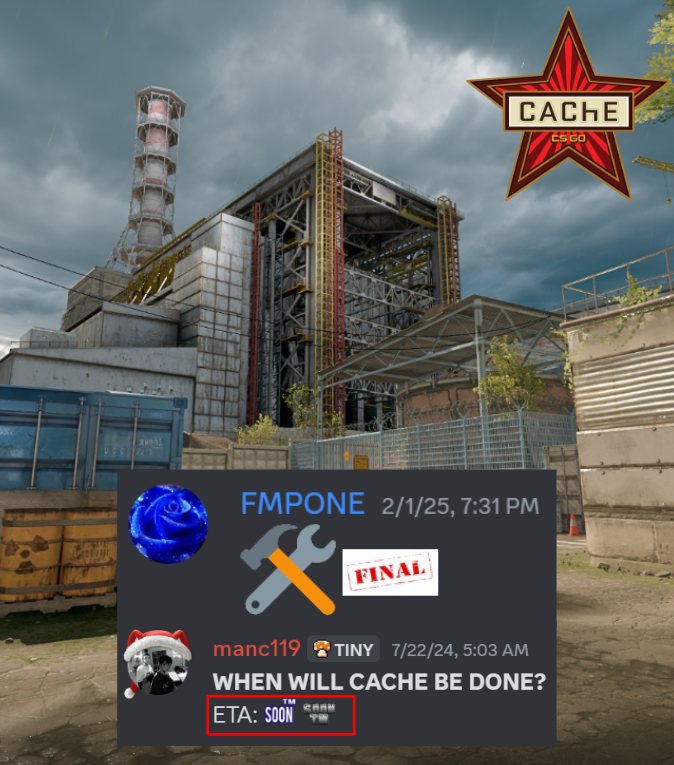 Ozzny_CS2's tweet photo. Cache's CS2 remake is close to being finished ‼️

The map's creator, FMPONE, posted these emojis on his Discord server, and the FAQ page says it will be done "Soon™️" 👀 https://t.co/zHAUp4zs2m