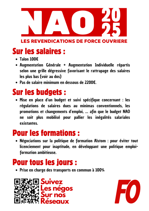 FO_Alstom's tweet photo. NAO 2025 chez ALSTOM - Les revendications de Force Ouvrière :
FO revendique des mesures fortes pour tous les
salariés, seuls créateurs de la richesse de l’entreprise. https://t.co/WSEw3qnl9n