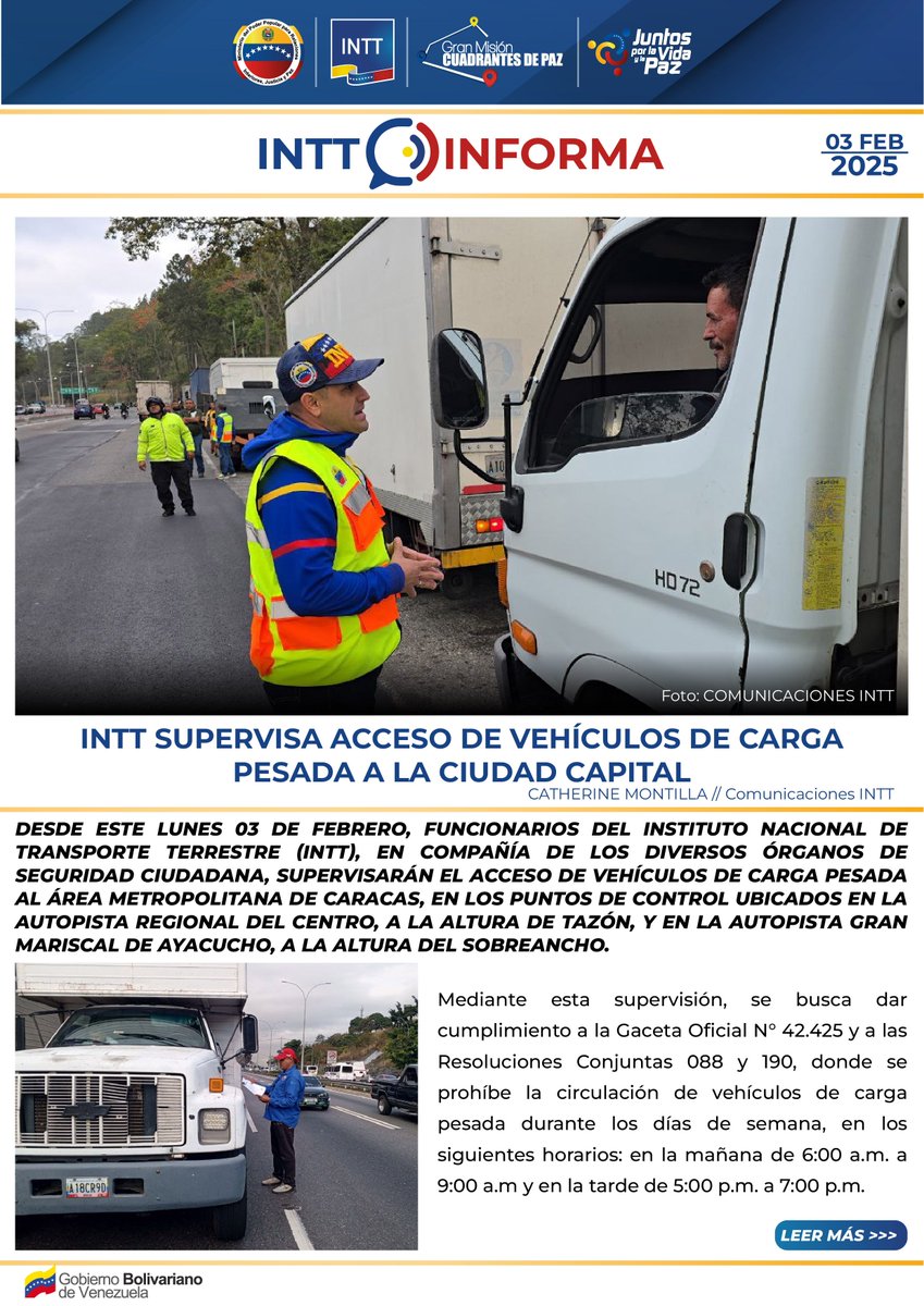 InttContigo's tweet photo. #INTTInforma| INTT supervisa acceso de vehículos de carga pesada a la ciudad capital
Lee más aquí https://t.co/FKzmI4cCmY https://t.co/E2x0OHz18K