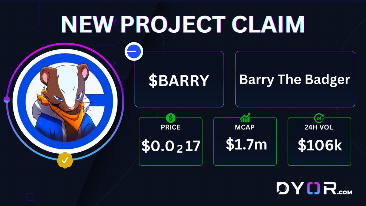 DYORdotcom's tweet photo. 🔥New $DYOR Project Claim

Welcome to https://t.co/82Vsbu0OCk, @barrycoinbase 

$BARRY 📊: https://t.co/2kQTMYGZtW https://t.co/64W1mSFgml