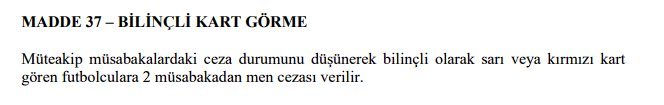 Disiplin talimatına göre BİLİNÇLİ OLARAK KART GÖREN oyunculara, 2 maç ceza verilir...

Antep ile oynanan maçta;

Muslera, Torreira ve Barış Alper, Adana Demirspor maçı öncesinde bilerek kart gördü ve kartlarını temizledi...

Bakalım PFDK'ya sevk işlemi gerçekleşecek mi...