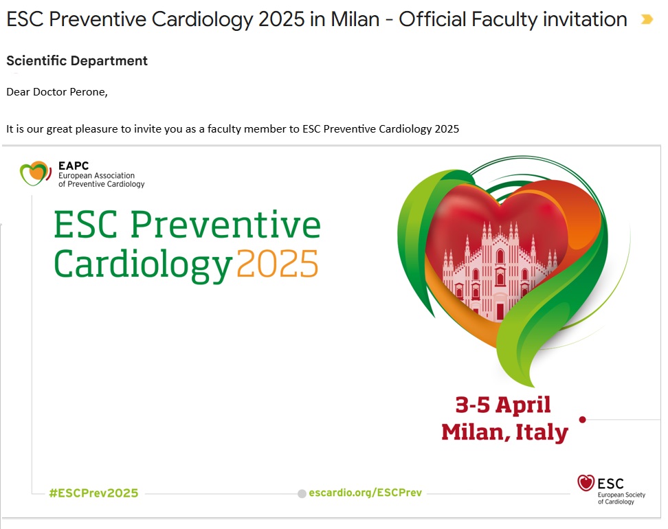 Happy and excited to be part of the Faculty of the ESC Preventive Cardiology 2025🤩
#ESCPrev2025 Congress is a unique and unmissable moment to discuss with experts from all over the world the current issues on cardiovascular prevention 🌟
Have you registered? See you in Milan? 📣