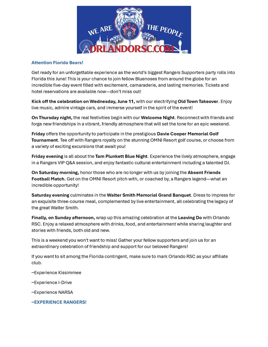 OrlandoRSC's tweet image. NARSA 2025 ~ KISSIMMEE, FLORIDA
Attention Florida Bears, please read the attached note from our Club.

This is @OfficialNARSA 
rangers.co.uk/article/gers-i…

Reservations for the OMNI at Championsgate Resort
bookings.omnihotels.com/event/orlando-…

Event Tickets
narsa.ca/tickets/

@RangersFC