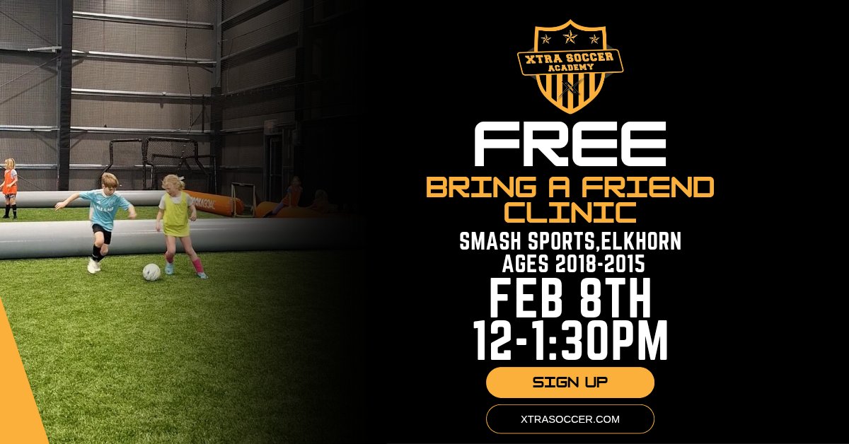 🚨 FREE "Bring a Friend" Clinic! 🚨

We're hosting a FREE soccer clinic this Saturday! Players can bring a friend to join the fun. ⚽🎉

📅 Sat, 2/8 | ⏰ 12-1:30 PM | 📍 SmashSports, Elkhorn

Space is limited—register now! ⬇️
🔗 xtrasocceracademy.leagueapps.com/events/4510324…