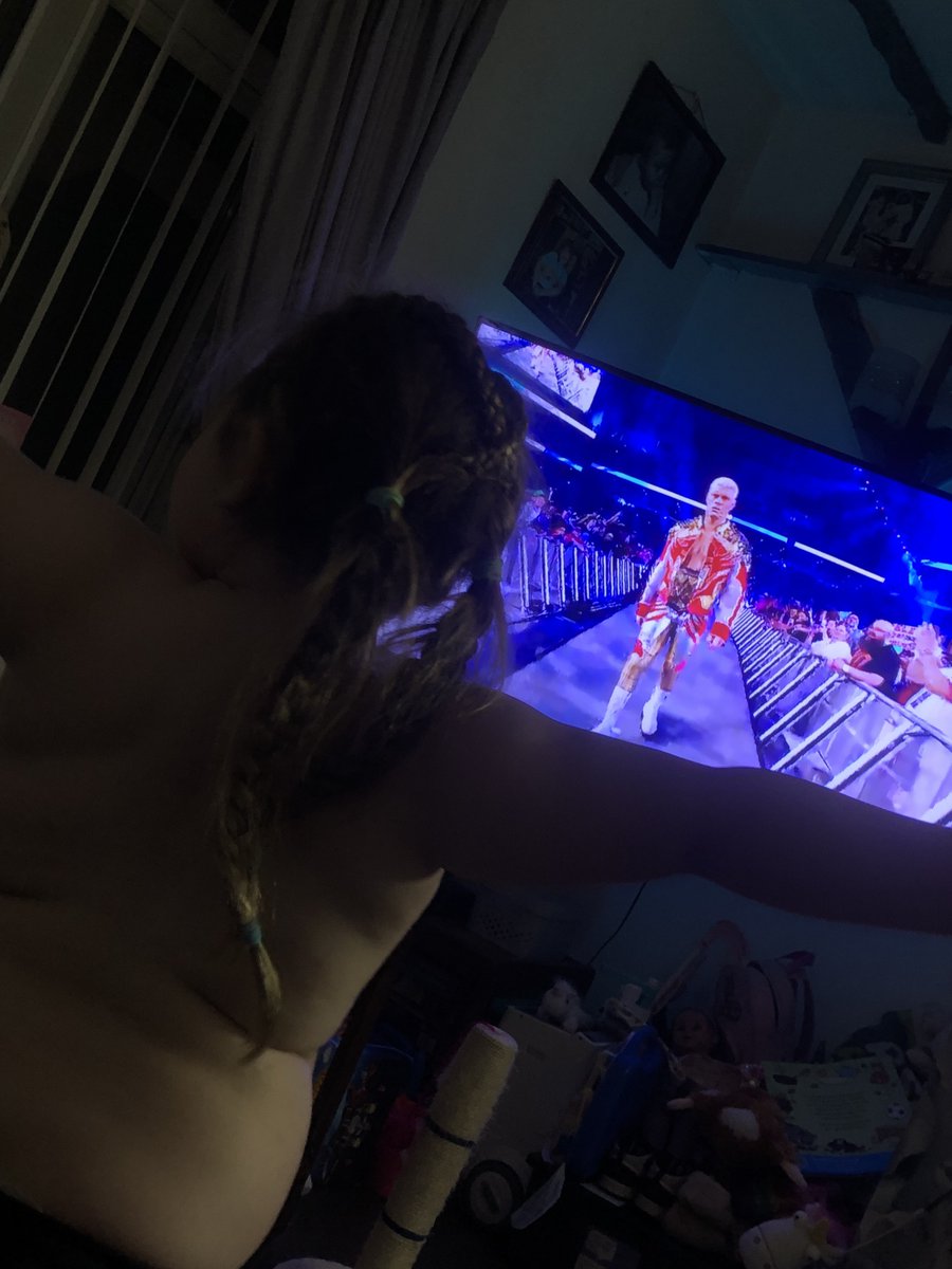 ChanEllis29's tweet photo. Watching the royal rumble 2k25 and as soon as my 4 year old daughter sees @CodyRhodes  she copies everything he does can tell she loves Cody https://t.co/IzcZkCBZxF