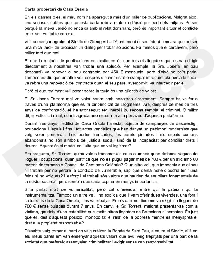 Jorditgn40's tweet photo. Carta del propietari de la casa Orsola  de Barcelona. Suposo que això no sortirà als mitjans però aquí us la deixo. https://t.co/xrUD4OiwHK