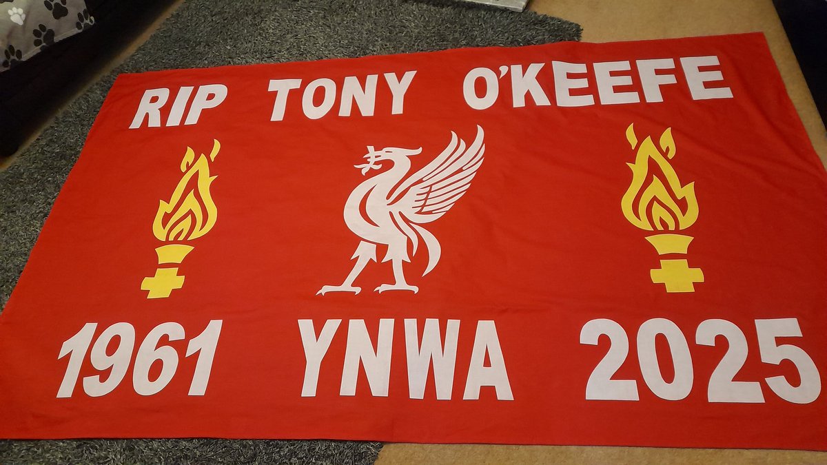 Banners And Flags (@bannersflags22) on Twitter photo On Thursday night, this banner will be on display in front of The Kop on 15 minutes. Please show your appreciation in memory of Tony O'Keefe. RIP YNWA. #JFT97 <a href="/SpionKop1906/">Spion Kop 1906</a> <a href="/TheKopHQ/">Spion Kop</a> <a href="/spiritofshankly/">Spirit of Shankly</a> On Thursday night, this banner will be on display in front of The Kop on 15 minutes. Please show your appreciation in memory of Tony O'Keefe. RIP YNWA. #JFT97 <a href="/SpionKop1906/">Spion Kop 1906</a> <a href="/TheKopHQ/">Spion Kop</a> <a href="/spiritofshankly/">Spirit of Shankly</a>
