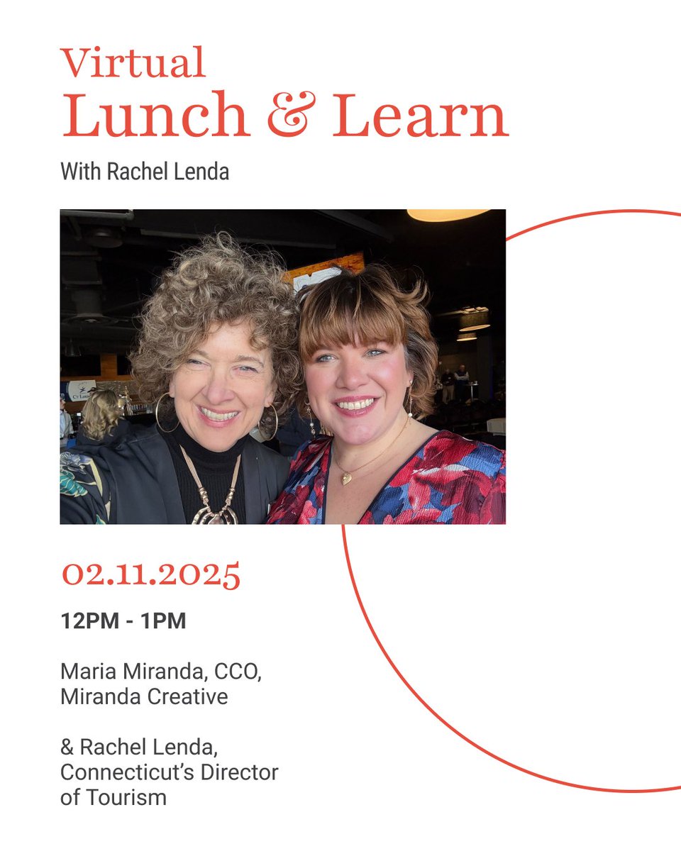 mirandacreative's tweet image. Join us Feb 11, 12–1 PM for a virtual chat with Rachel Lenda, CT’s Director of Tourism! Learn how to attract visitors, maximize social media &amp;amp; promote on CTVisit.com. Q&amp;amp;A included!  

Register: us06web.zoom.us/meeting/regist…   

#CTVisit #MakeItHere #MirandaCreative
