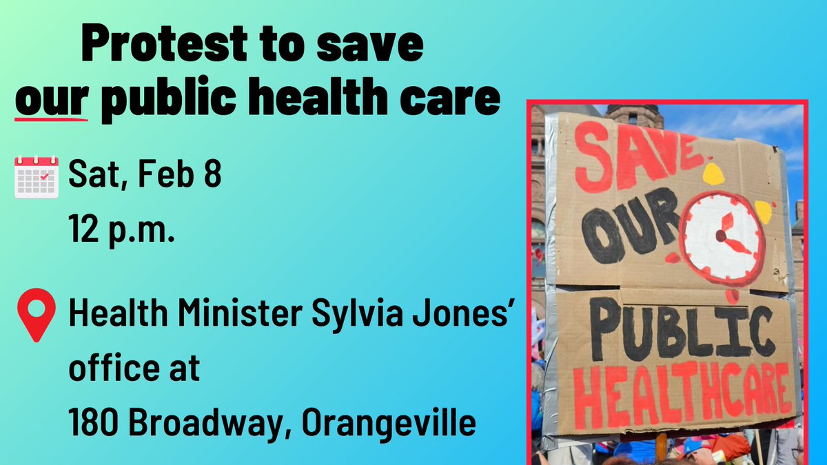 Our public health care has never been in such disarray &amp; crisis. <a href="/GTorontoHC/">Greater Toronto Health Coalition</a>, <a href="/GreyBruceHC/">Grey Bruce Health Coalition</a> &amp; <a href="/BramCalHC/">Brampton Caledon Health Coalition</a> are calling on all concerned citizens to join this protest at Health Minister Sylvia Jones' office.

Book a seat on the bus from Toronto: tinyurl.com/3nz4kyv8

🗓️This