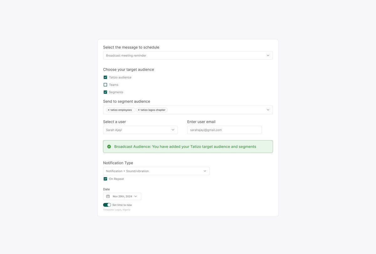 Final shots in this component series.

Components: Broadcasts &amp; Schedules from the archives🗂️

Function: Super admins are able to schedule and send targeted broadcasts to reach an audience within a large organization and to penetrate new markets.