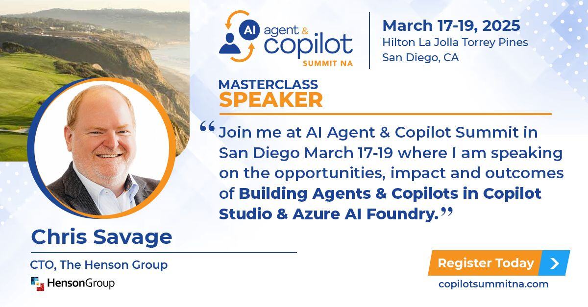 HensonGroupInc's tweet image. Explore the opportunities, impacts, and outcomes of Agents &amp;amp; Copilots for midmarket and enterprise companies with our CTO, Chris Savage &amp;amp; other top minds at the #AIAgentCopilotSummit 🚀

🔍 Get a front-row seat 🔽
hubs.la/Q03531GK0

#Copilot #Copilotformicrosoft365 #AI