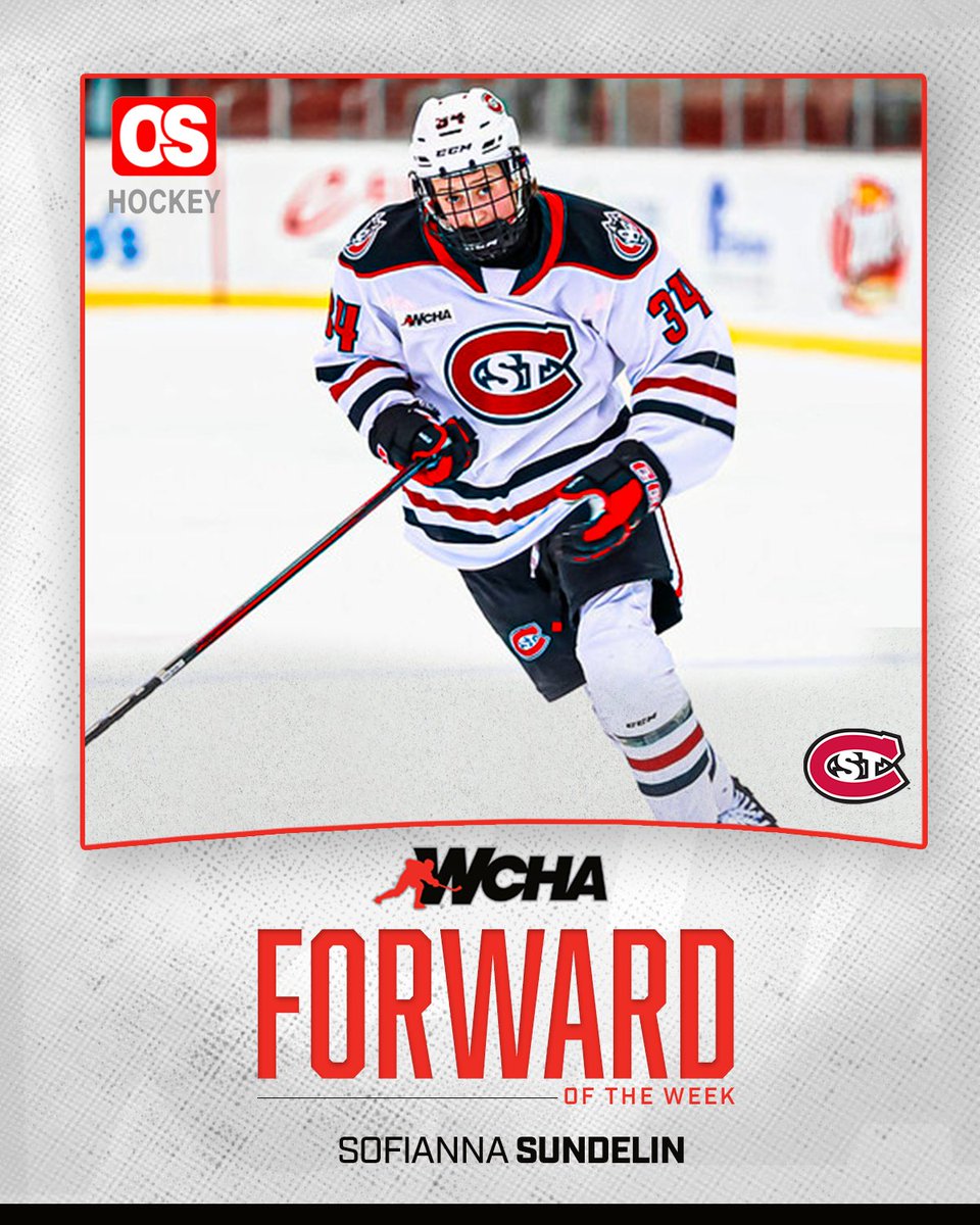 🏒𝐖𝐂𝐇𝐀 𝐅𝐨𝐫𝐰𝐚𝐫𝐝 𝐨𝐟 𝐭𝐡𝐞 𝐖𝐞𝐞𝐤🏒

Sofianna Sundelin claims her first weekly honor of the season after a 4⃣-point series for <a href="/SCSUHuskies_WHK/">St. Cloud State Women’s Hockey</a>! 👏

🗞️wcha.com/news/2025/1/28…

Presented by <a href="/OsHockeyMN/">Os Hockey Training</a>