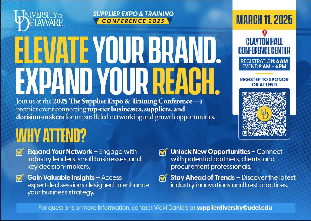 The University of Delaware @udelaware Supplier Expo &amp; Training Conference 2025 will take place on March 11, 2025, at the Clayton Hall Conference Center.
#SupplierExpo #Networking #BusinessGrowth #UDSupplierExpo