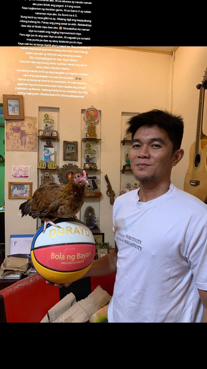 HJAmaru6's tweet photo. Meet Haydee ang Manok ni Hudson na Napunta sa akin. ✌️
Ganito kasi ang kwento niyan. Last year ay nakipag 1v1 sa akin itong si John Hudson Molina. Hinamon niya ako ng pustahan at Manok daw ang pusta. Sa ilan laban namin ay wala manlang siyang naipanalo. Malaki ang katawan pero hindi alam gamitin. Walang shooting, walang sureball kahit tutukan. Walang dribble sa kaliwa. Panay kanan ang atake.
At nitong lunes ay nagkita kami sa Court ng Sicat Alfonso. Pagkatapos namin maglaro ng 2v2 nila kuya ay Hinamon niya ako ng 1v1. Siyempre pumalag tayo. Laro laro lang. At sa gulat ko ay nagkaroon ng shooting sa gitna. Hindi ko alam kung swerte lang ba o may shooting talaga. At marunong nang mangatawan at sureball na sa tutukan. Hindi sumablay kahit isang beses.
Kung nakakapagod ang 3v3 ay mas nakakapagod ang 2v2 pero mas lubhang nakakapagod ang 1v1 at lalo na kung kinakaldag ka ng Kalaban. Kaya sa laban namin ay naka una ako ng lamang 4-2 hanggang sa naitabla niya at nakalamang pa siya ng 6-4. Hinabol ko dahil ayaw kong mapahiya at matalo. Pero naka score pa rin siya ng sunod sunod sa Tres. Swerte lang siguro talaga. Naiwan ako sa score na 9-6 . Kaya hinabol ko ulit at nakatabla. Pero grabeng hingal ko. 9-9 ang score. Sumugod sa loob at kinatawan ako. Take advantage sa pagod ko. Hindi ko nadepensahan ng maayos kaya naka score siya. 10-9 winners ball pero sumablay sya sa kanyan tira at nagpalitan kami ng score.. 10-10 nung akoy makakalamang na sana pero nagmintis ang tira ko sa tres.. Kaya narebound niya ang bola at nilabas sa tres sabay atake sa loob. Sureball na talaga siya tuwing makakalapit sa ring. Marunong na gumamit ng board ring. Hindi katulad dati.. Onting gulat siguradong sablay. 11-10 last warning. Pagkakuha ng bola ay onting dribble sabay tira sa tres.. Natalo niya ako. At panay ang yabang sa akin.
Siyempre... Rerebanse ako. At sa rebanse ay nanalo naman ako pero lintek ang pagod. 6-1 ang score.
Kaya nagkaroon ng decision game. At sa Game 3 ay natalo nanaman niya ako. Sa Score na 6-3.
Nung kami ay nasa gilid na ay.. Walang tigil ang kayayabang nitong batang ito. Panay ang pang aasar sa akin. Nakakahiya daw ako at tinalo niya daw ako. 🤣 Sinasabihan ko naman siya na malaki ang naging improvement niya.
Pero sige pa rin ang asar niya sa akin. At nagsabi pa na kahit may pusta pa daw ay akoy tatalunin pa rin niya.
Kaya sabi ko sa kanya (kahit ako'y pagod na. Tara pustahan at manok ang kanyang ipusta.) payag daw siya basta kapag natalo niya ako ay 1500.00 ang kanyang panalo.
Ehh, di pinagbigyan ko siya. Sige! Game!
Panoorin niya ang buong video ng laban namin sa post ni Henry Glenn Ramirez Mardo.
Ito palang manok na ito ay ang pangalan ay Haydee. Hudson sana ang ipapangalan ko pero ito ay inahin. 🤣😂
Sabi ko sa kanya ay hindi ko ito kakatayin. At araw araw ko gagawan ng post para araw araw niya maalala ang kanyan pagkatalo ng Manok. Habang buhay ito ay maaalala niya ang aming naging laro. #basketball #1v1 #DoraydBasketball
