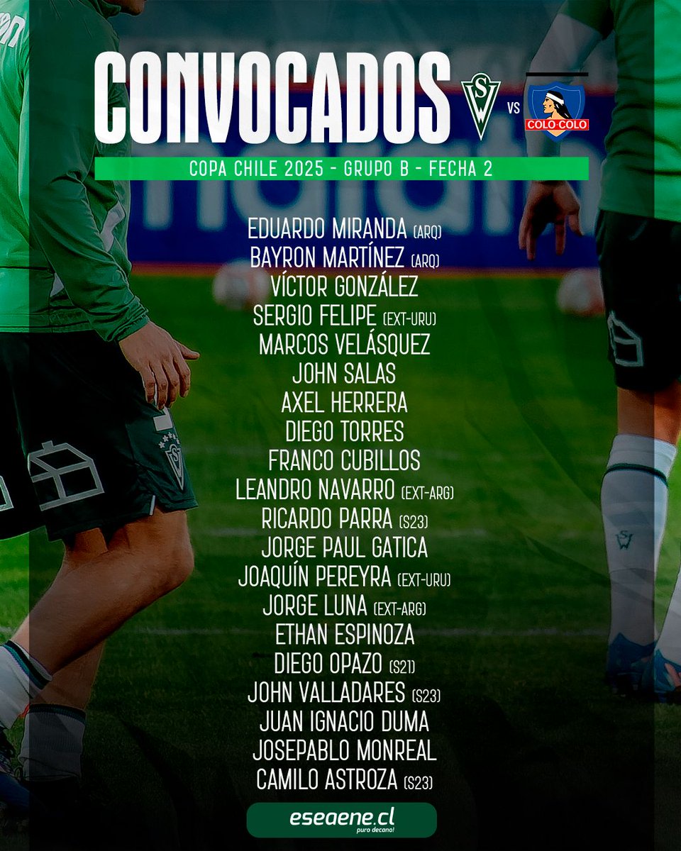 eseaenecl's tweet photo. Estos son los convocados de Santiago Wanderers para el partido frente a Colo Colo por la segunda fecha de Copa Chile 2025 #SWvsCC #SW2025 #VolveremoSW. https://t.co/qVY1c2JPf6