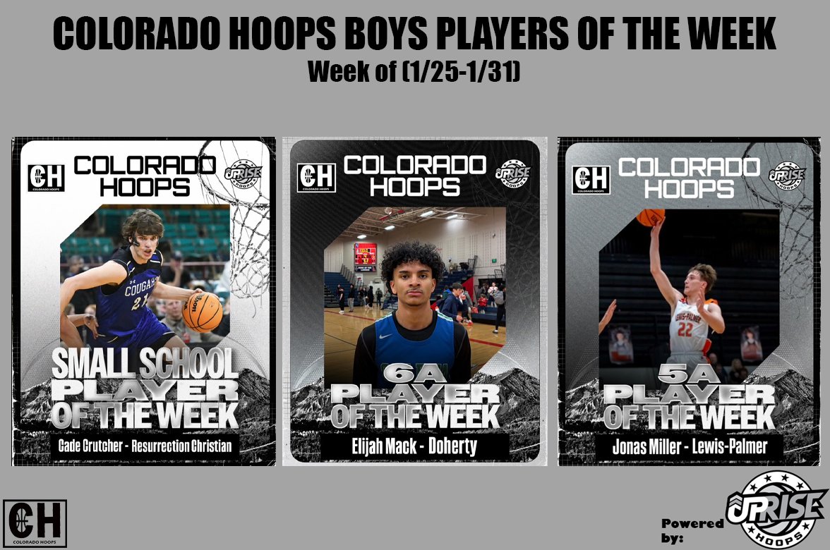 Colorado Hoops Boys Players of the Week Powered by <a href="/Uprise_Hoops/">Uprise Hoops</a> 

READ MORE: coloradohoops.org/2025/02/03/boy…

6A Player of the Week: <a href="/EJMack5/">Elijah “Jack” Mack</a> 
5A Player of the Week: Jonas Miller - Lewis-Palmer
Small School Player of the Week: <a href="/CrutcherCade21/">Cade Crutcher</a>