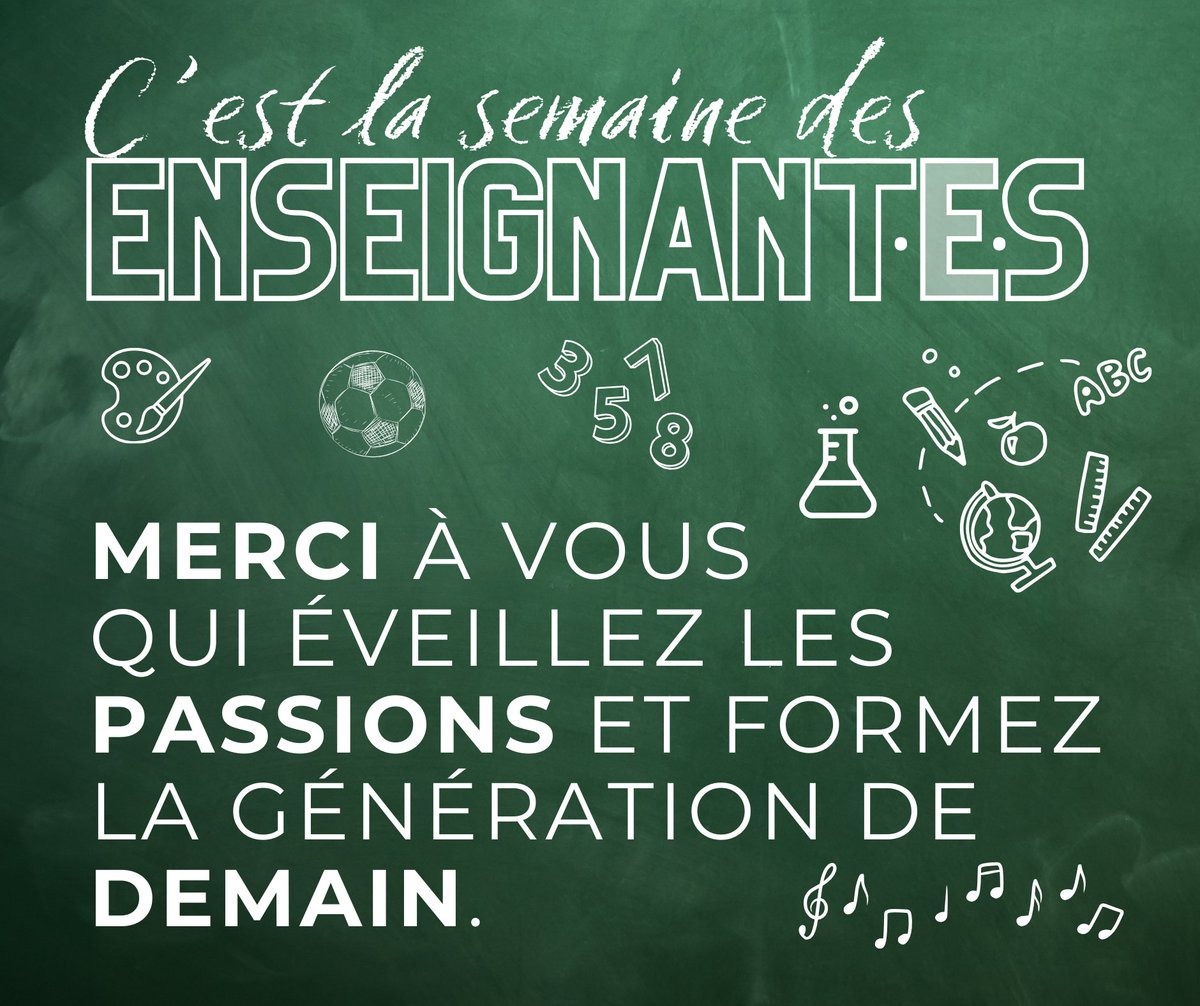 SEMAINE DES ENSEIGNANT·E·S
Bonne semaine à vous, chers collègues.
Merci d'être toujours là, au front.
De faire chaque jour une différence dans la vie de vos élèves.
Mais ne vous oubliez pas. Prenez soin de vous.
Car des élèves heureux passent nécessairement par des enseignants