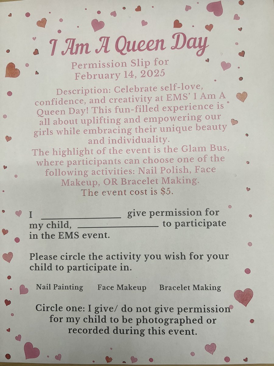 Eiland Middle School (@eilandmiddle) on Twitter photo I Am a Queen Day
February 14, 2025 
Girls will choose nail polish, makeup experience, or bracelet making on the Glam Bus.
Event charge: $5
*This event is for EMS female students only.* I Am a Queen Day
February 14, 2025 
Girls will choose nail polish, makeup experience, or bracelet making on the Glam Bus.
Event charge: $5
*This event is for EMS female students only.*