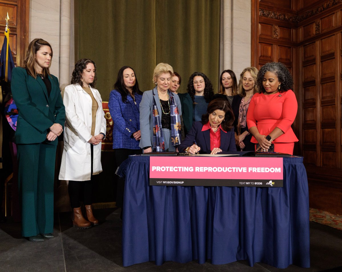 GovKathyHochul's tweet photo. Moments ago, I signed a new law protecting New York doctors who prescribe abortion medication. No doctor should go to jail for providing basic reproductive health care.

Some states want to prosecute our providers -- but I'll fight like hell to protect them. https://t.co/U3sAg1D3b5