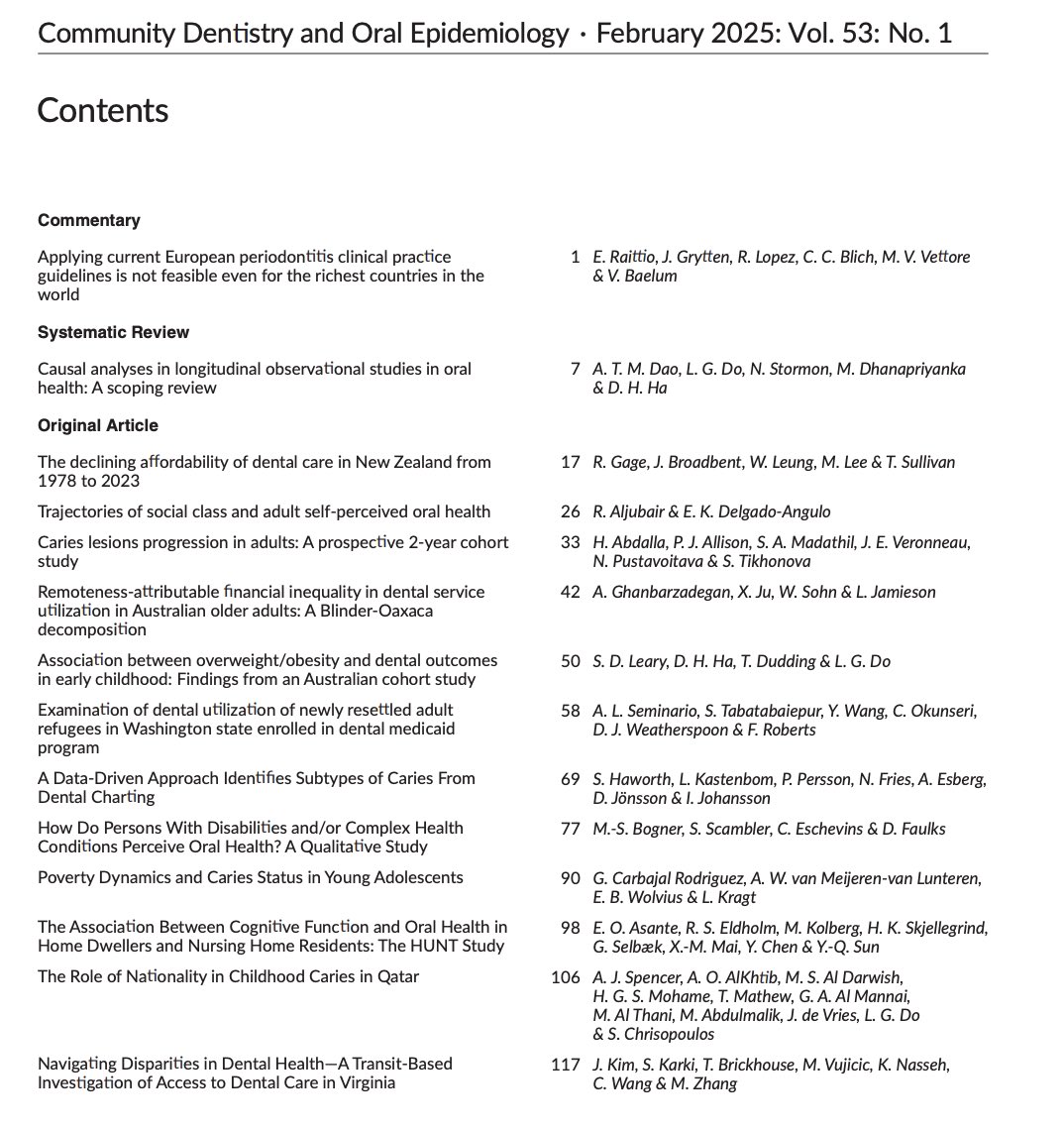 Prof Sarah Baker (@sarahrbakerdph) on Twitter photo The first issue in 2025 of <a href="/CommDentOralEpi/">Community Dentistry Oral Epidemiology</a> is now out. The issue has original articles, systematic reviews, and commentaries focused on the intersection of social determinants, health policies, and oral health outcomes across diverse populations and countries, reflecting global The first issue in 2025 of <a href="/CommDentOralEpi/">Community Dentistry Oral Epidemiology</a> is now out. The issue has original articles, systematic reviews, and commentaries focused on the intersection of social determinants, health policies, and oral health outcomes across diverse populations and countries, reflecting global