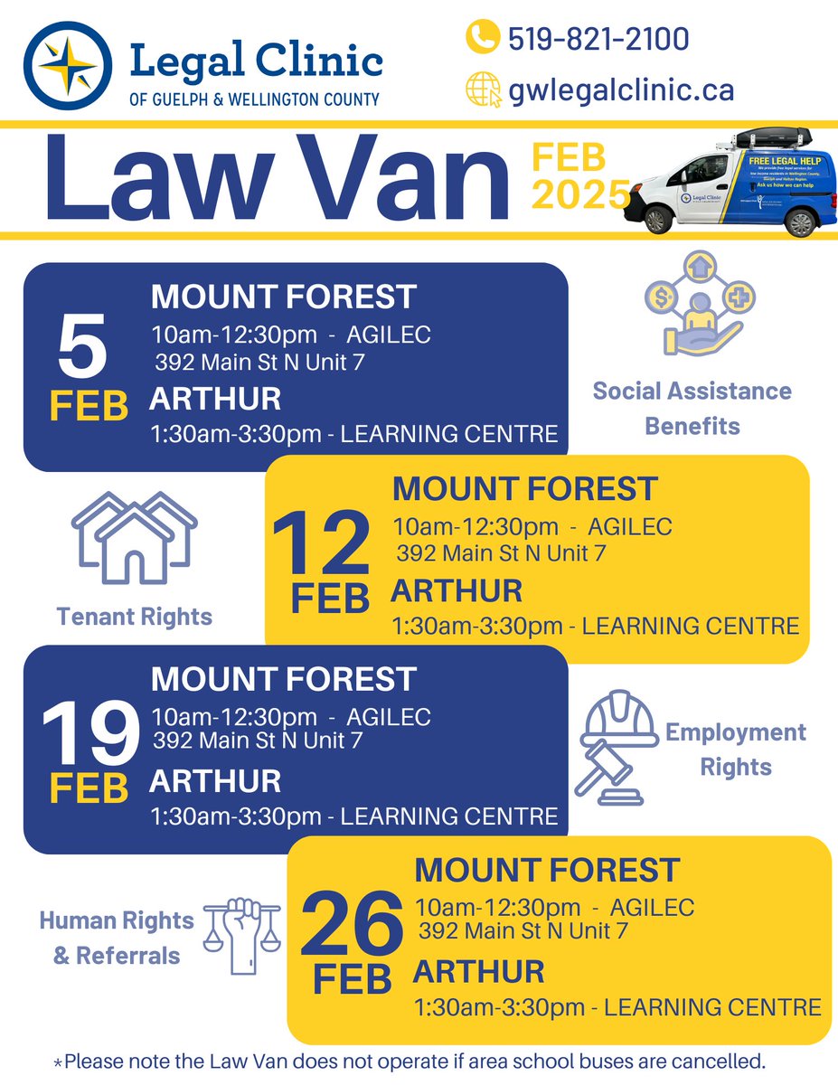 GWLegalClinic's tweet photo. Do you live in rural Wellington and have a legal question? Drop by the #LawVan in Mount Forest or Arthur for free legal help. Remember we do not attend on location if area school buses are cancelled.
@TwpWellNorth @AgilecMtForest @WCLCLearn @ArthurChamber @887theriver https://t.co/UJdeice8T1