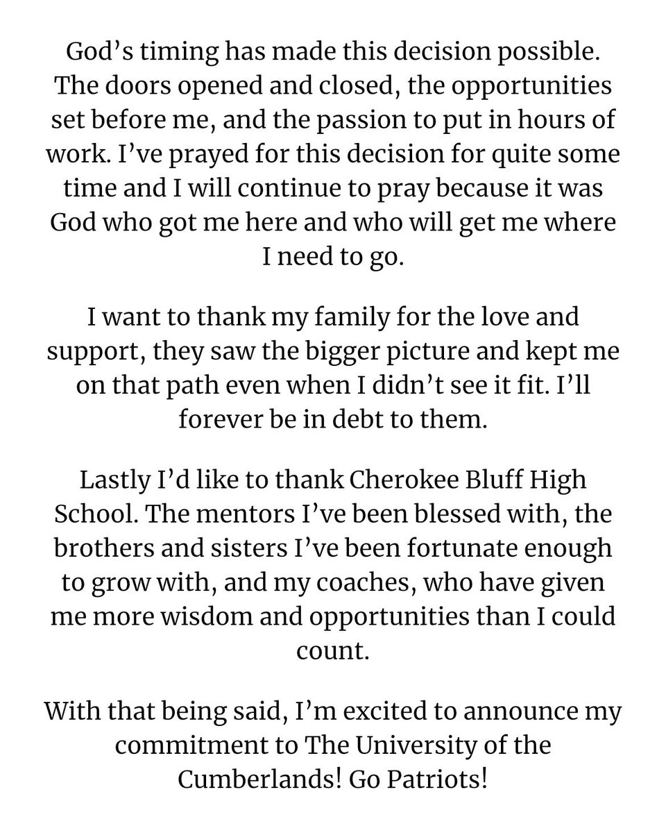 Garrett Hyder (@garrett_hyder3) on Twitter photo After a lot of thought and prayer my family and I have decided to continue my athletic and academic career at The University of the Cumberlands!
Thank you <a href="/CoachBeacham/">Tyson Beacham</a> and <a href="/CoachHouse_UC/">Shan Housekeeper</a> for this opportunity!
<a href="/CBluffFootball/">CHEROKEE BLUFF FOOTBALL</a> <a href="/BluffRecruits/">CHEROKEE BLUFF FOOTBALL RECRUITS</a> <a href="/Deep_Fried_Dave/">David Friedlander</a> <a href="/gtimessports/">The Times Sports</a> After a lot of thought and prayer my family and I have decided to continue my athletic and academic career at The University of the Cumberlands!
Thank you <a href="/CoachBeacham/">Tyson Beacham</a> and <a href="/CoachHouse_UC/">Shan Housekeeper</a> for this opportunity!
<a href="/CBluffFootball/">CHEROKEE BLUFF FOOTBALL</a> <a href="/BluffRecruits/">CHEROKEE BLUFF FOOTBALL RECRUITS</a> <a href="/Deep_Fried_Dave/">David Friedlander</a> <a href="/gtimessports/">The Times Sports</a>