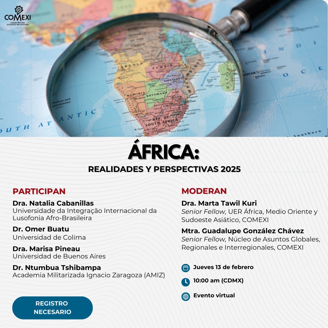 Importante contribuir a extender el conocimiento informado sobre las sociedades, la economía y la política de países africanos, así como sobre África y el multilateralismo. Registro abierto aquí:  bit.ly/AfricaRealidad…
Nos vemos el 13 de febrero.