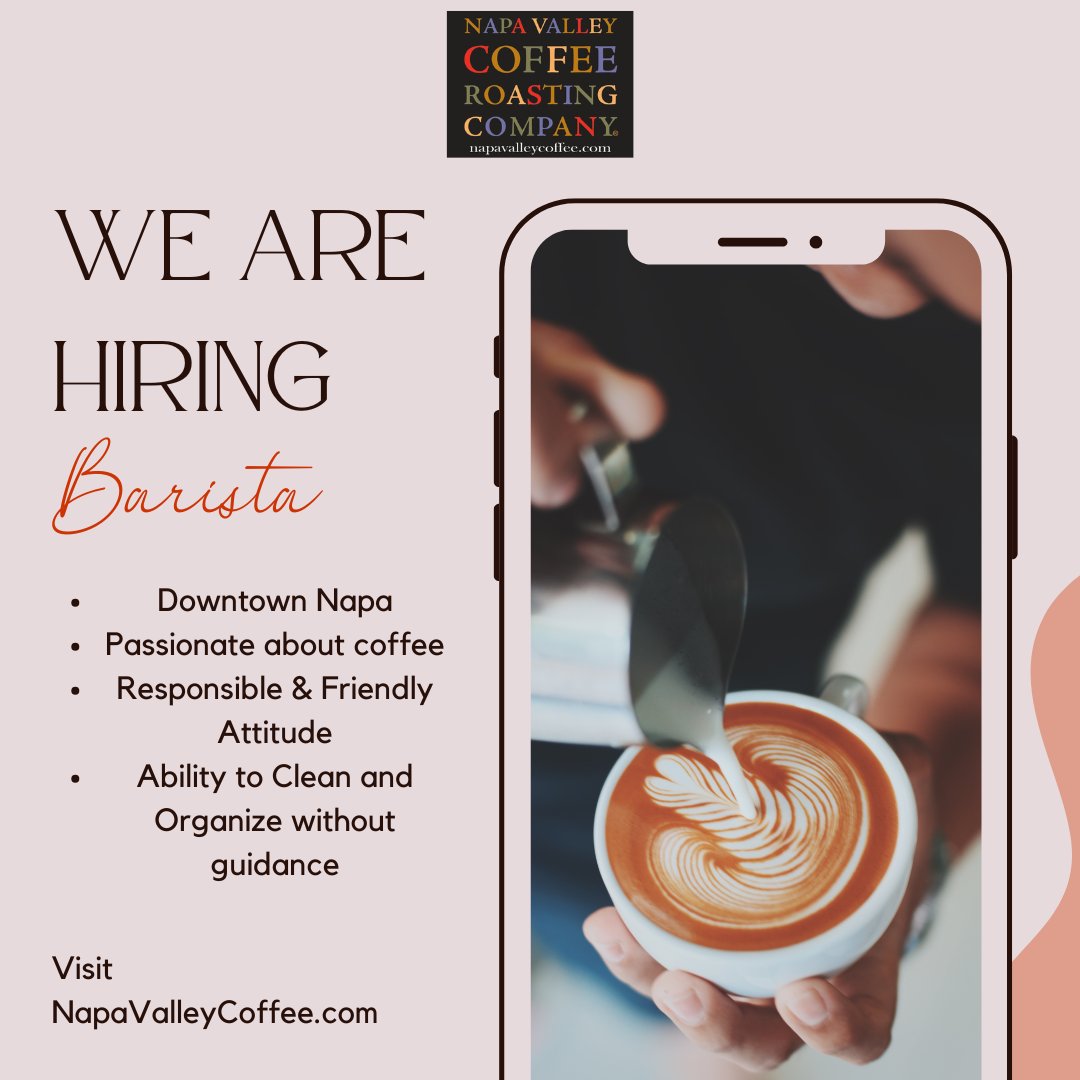 NVCRC's tweet photo. We're excited to announce that we are hiring at our downtown Napa location! If you're a friendly and responsible barista, we would love to hear from you! Check out the details here: https://t.co/Zb913SBP0u https://t.co/2PZ4oMq8Tl